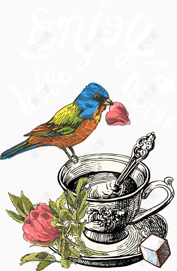 矢量咖啡杯上的小鸟