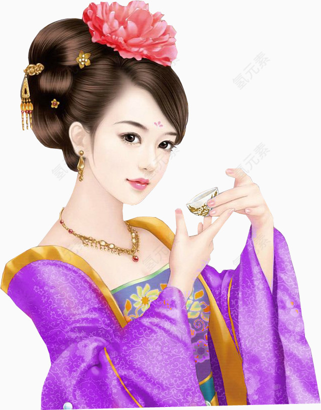 手绘饮酒的古风古典气质美少女