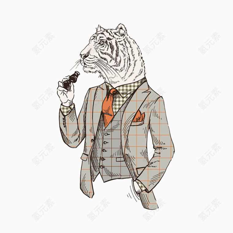 手绘卡通白虎肖像画