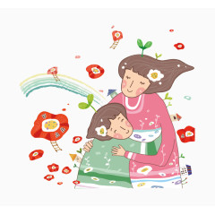 卡通手绘水彩画母女俩