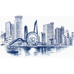 手绘素描城市建筑