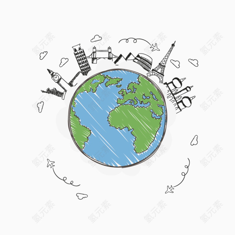 矢量彩绘地球和建筑