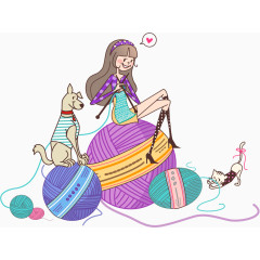 坐在毛线球上的女孩插画