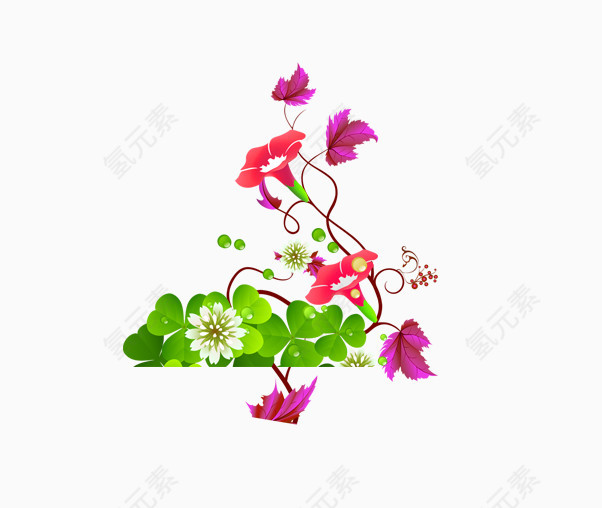 卡通手绘红色喇叭花和绿色四叶草