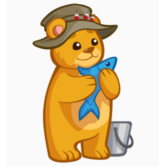 卡通手绘可爱戴帽子抓鱼小熊