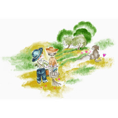 水彩清新人物风景插画