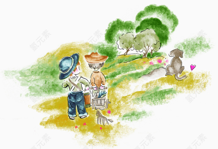 水彩清新人物风景插画