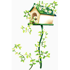 手绘卡通房子鸟窝花卉植物