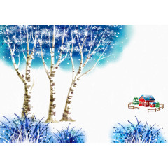 手绘小树和红色房屋