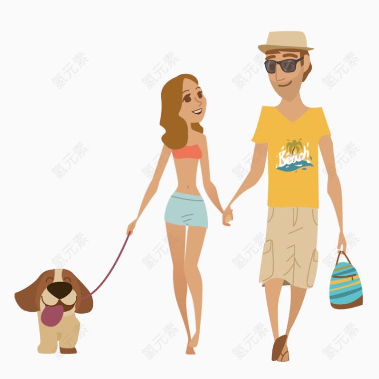 卡通手绘情侣遛狗