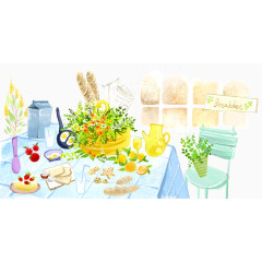 手绘清新餐桌上的美味插画