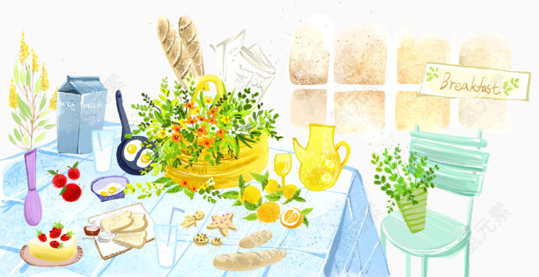 手绘清新餐桌上的美味插画