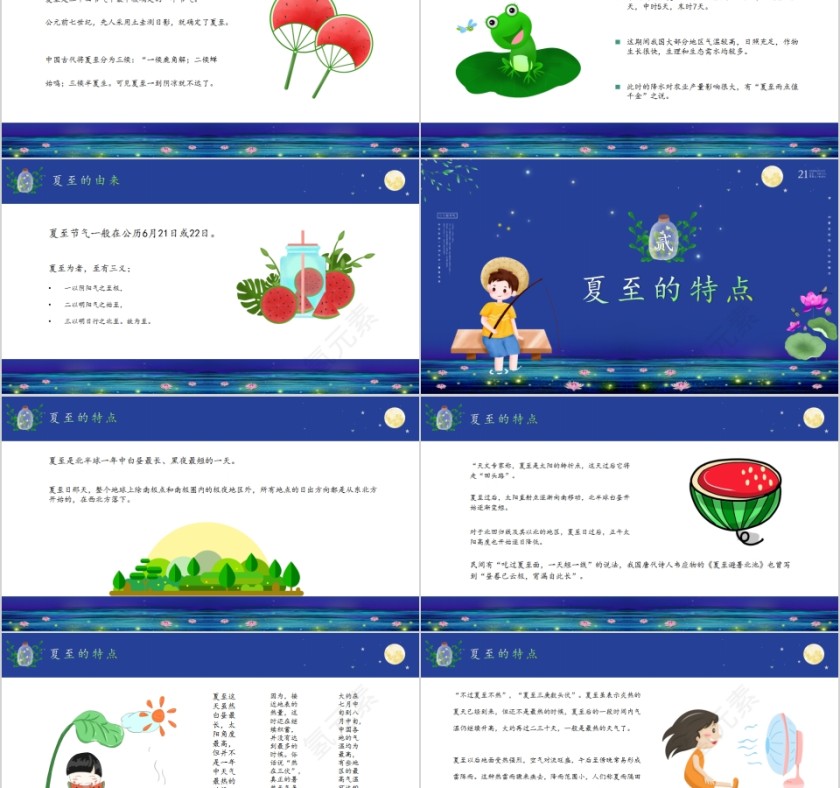 蓝色清新清凉夏日传统二十四节气之夏至主题PPT模板第2张