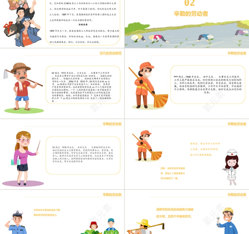 黄色卡通五一劳动节介绍PPT模板第2张