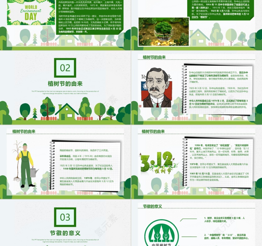 绿色卡通立体植树节主题班会PPT模...第2张