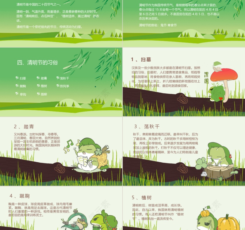 绿色清新旅行青蛙清明节PPT模板第2张