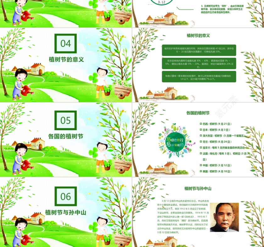 可爱绿色卡通植树节主题班会PPT模...第3张