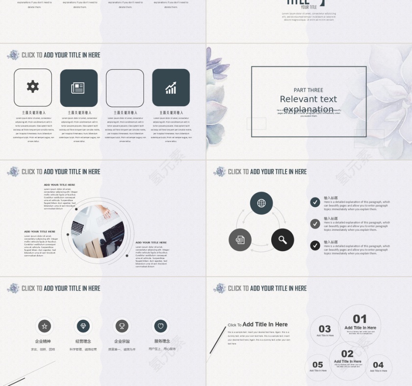 蓝灰色清新植物商业报告PPT模板第3张