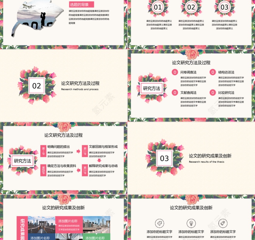 手绘花卉小清新毕业答辩ppt模板第2张