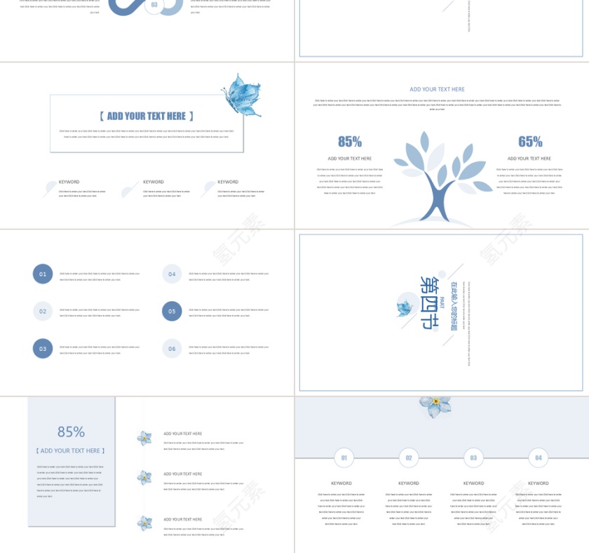2019蓝色小清新花朵商务汇报通用模板第3张