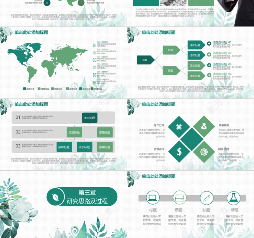 清新水彩绿色花朵毕业答辩PPT模板第3张
