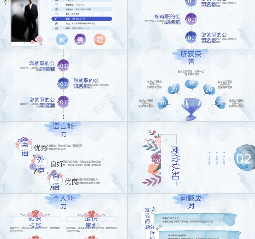 2019时尚个性水彩风格个人简历PPT模板第2张