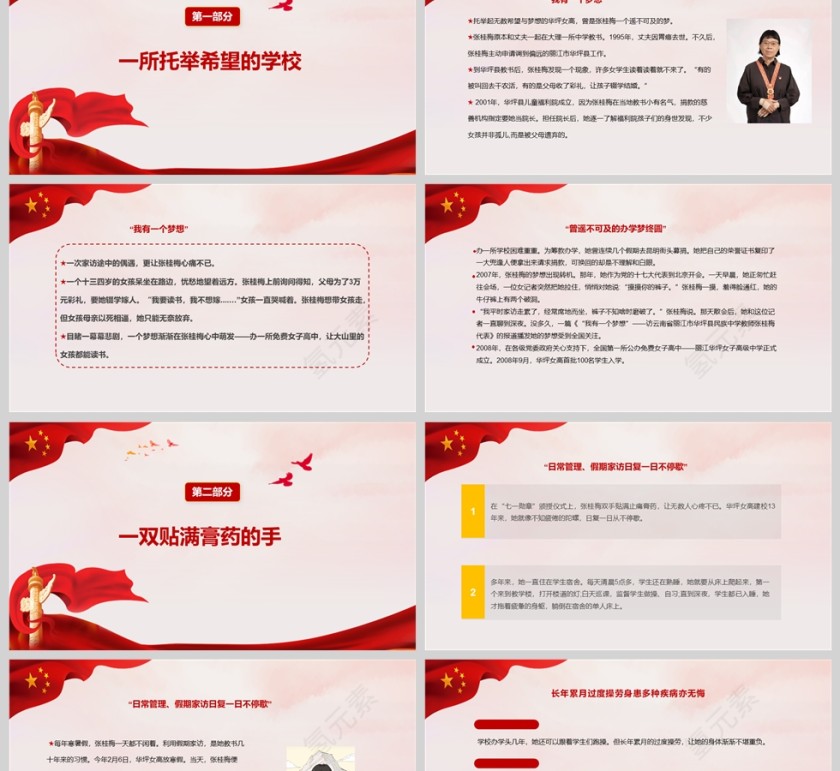 红色简约改写大山女孩命运的“擎灯人”张桂梅人物介绍PPT模板第2张