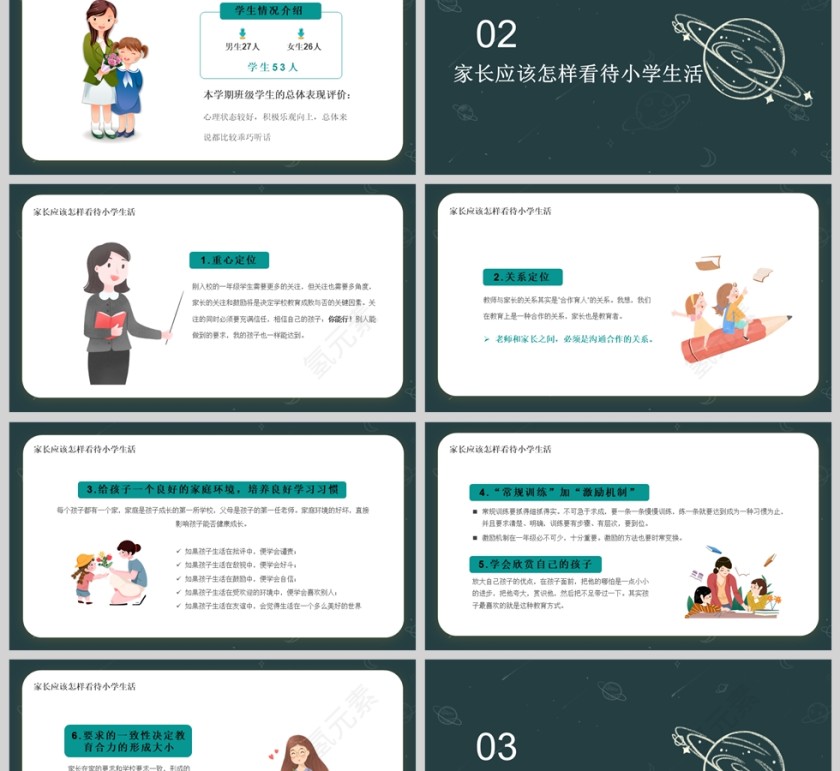 卡通黑板风小学一年级期末家长会PPT第2张