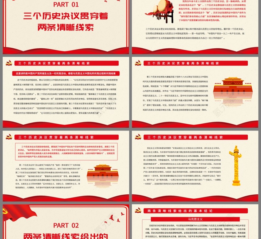 红色党政风两大线索贯穿党的三个历史决议PPT模板第2张