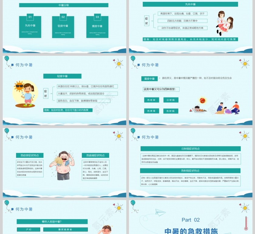 清新卡通预防夏天中暑夏季防暑安全培训PPT模板第2张