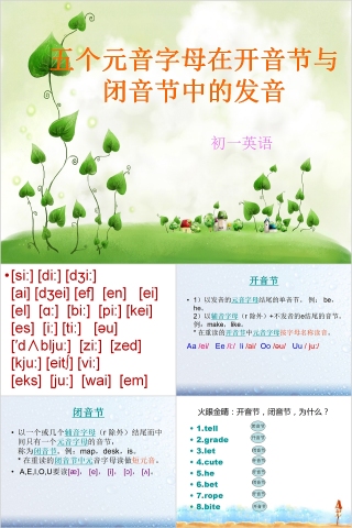 五个元音字母在开音节与闭音节中的发音PPT