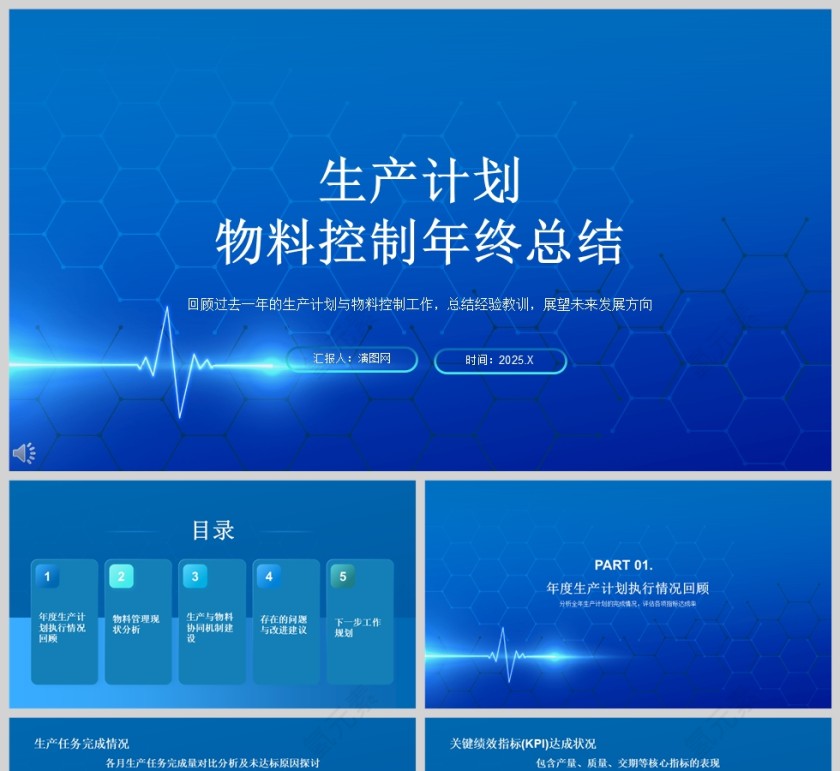 蓝色简约生产计划与物料控制年终总结PPT模板第1张