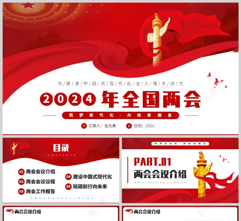 红色简约党政风格2024全国两会会议学习报告PPT模板第1张