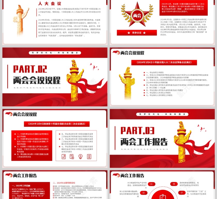 红色简约党政风格2024全国两会会议学习报告PPT模板第2张