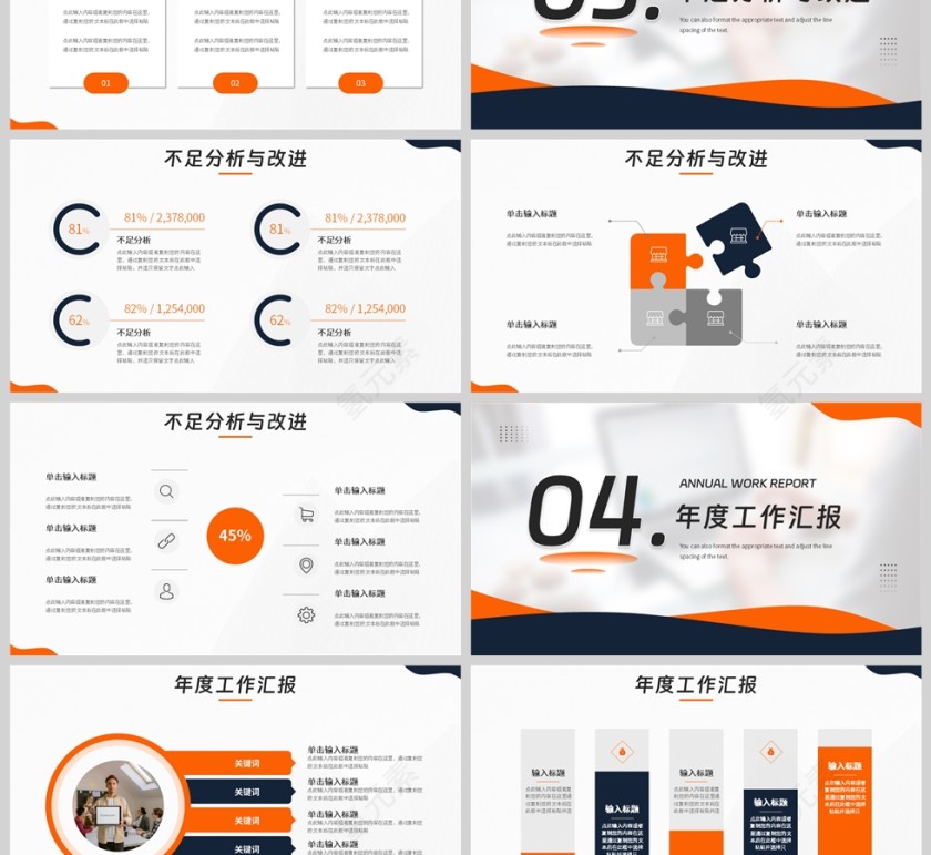 蓝橙色简约风格年终工作报告总结PPT模板第3张