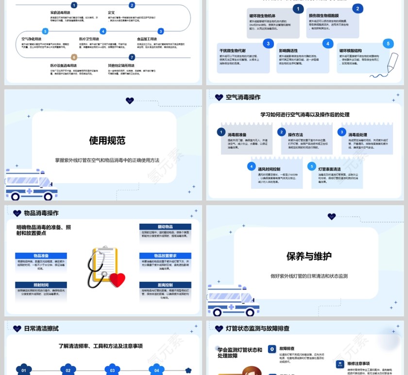 蓝色简约医院紫外线灯管消毒ppt模板第2张