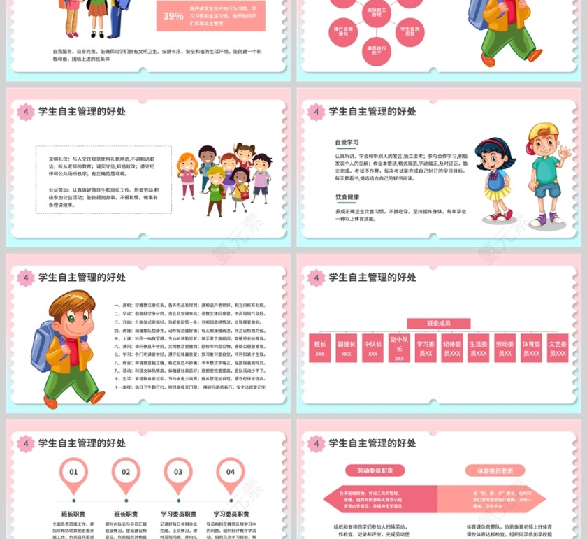清新卡通风让学生快乐成长自主管理教育培训PPT模板第3张