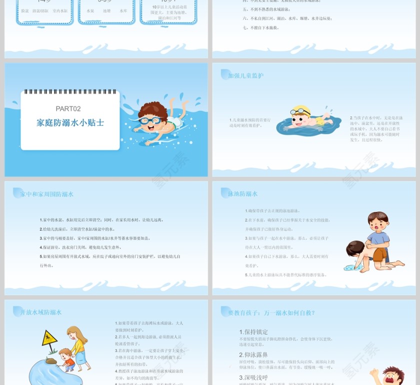 蓝色卡通中小学生防溺水安全教育主题班会PPT模版第3张