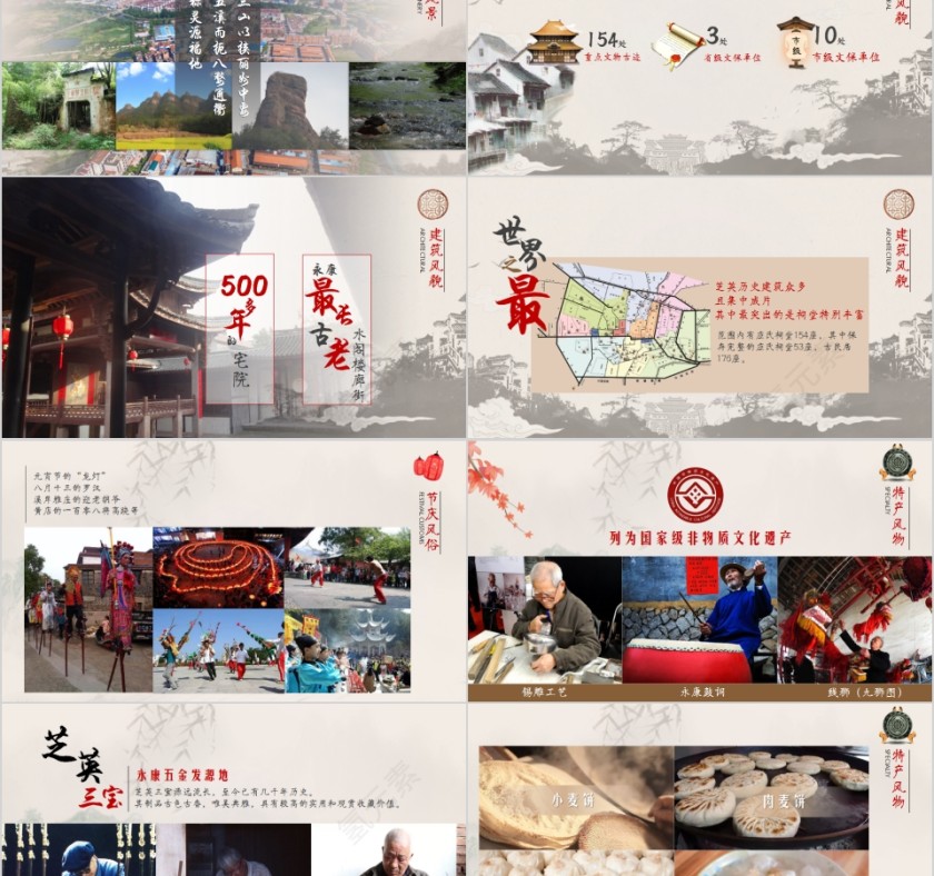 中国古风古祠旅游风情小镇PPT模板第2张