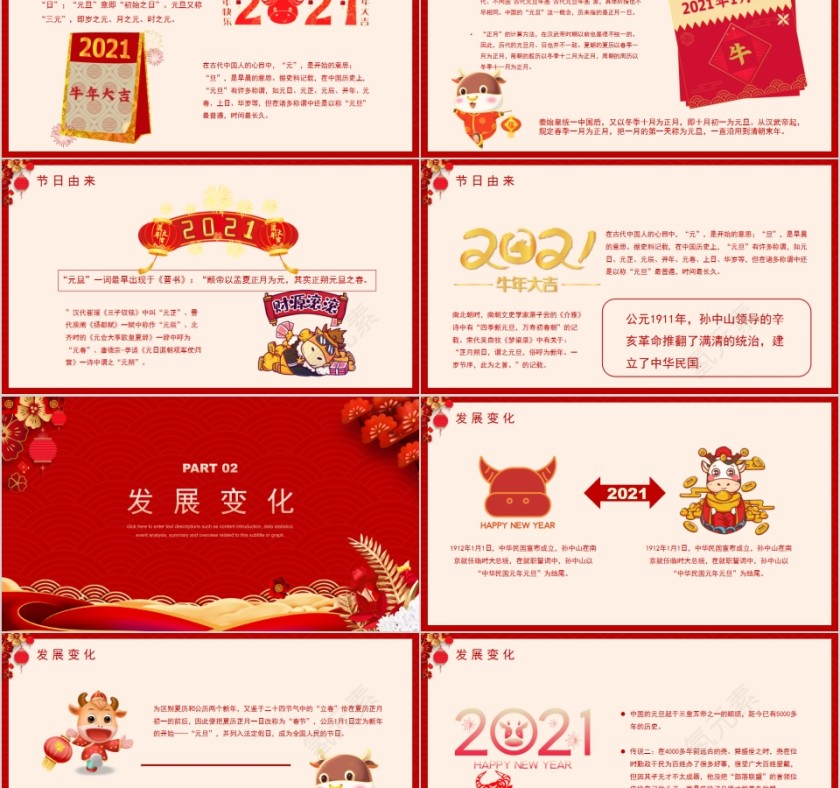 牛气冲天元旦快乐新年快乐PPT模板第2张