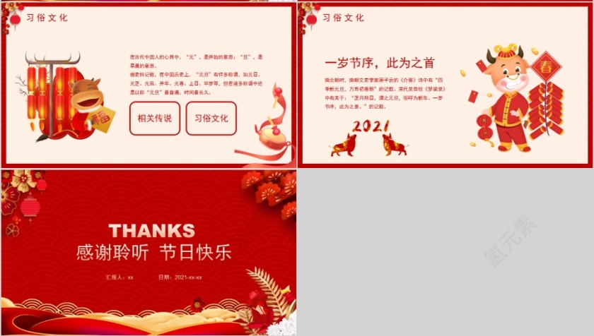 牛气冲天元旦快乐新年快乐PPT模板第4张