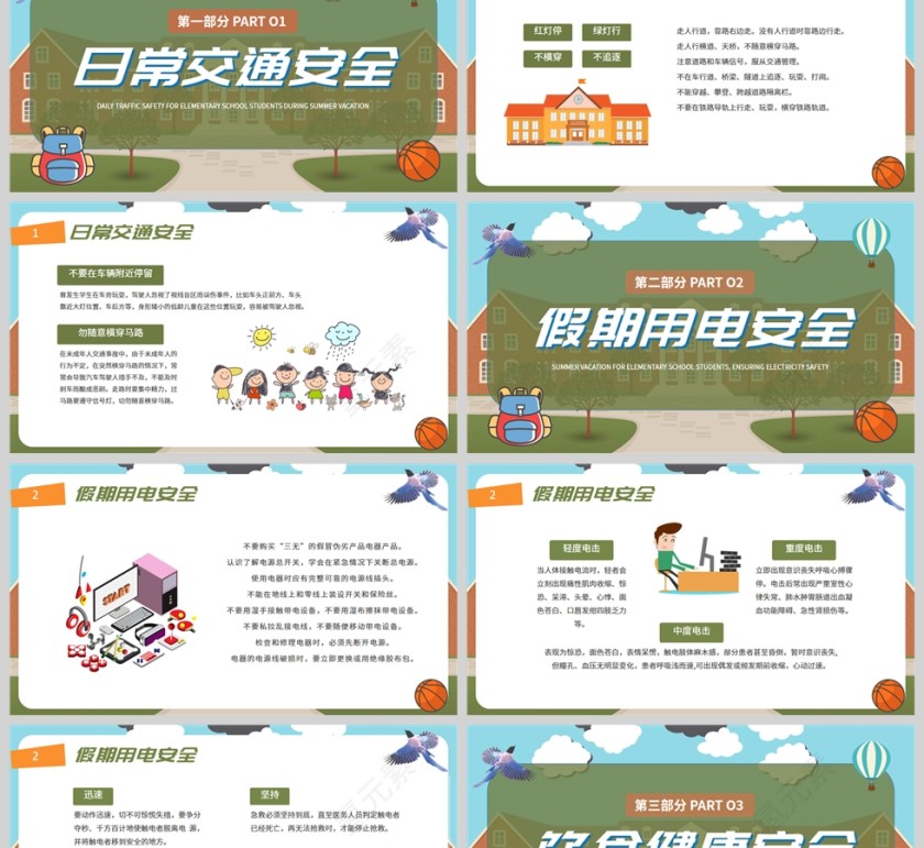 蓝绿清新小学生暑假安全知识主题班会PPT模板第2张