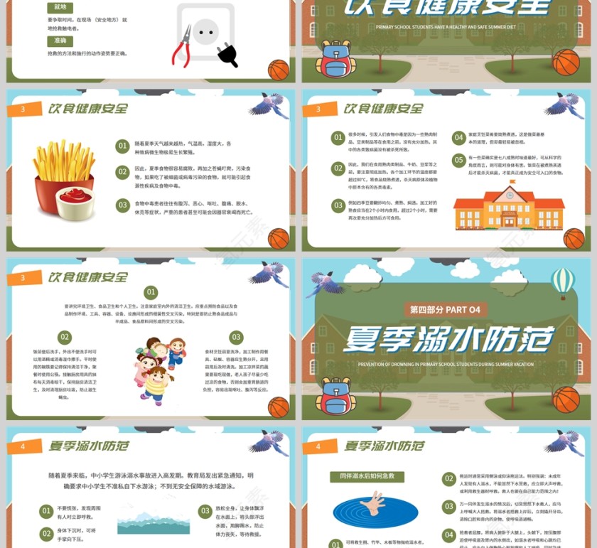 蓝绿清新小学生暑假安全知识主题班会PPT模板第3张
