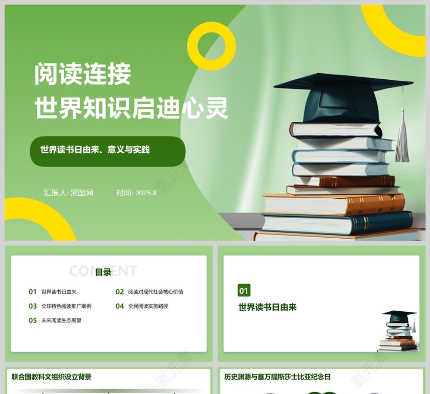 绿色清新世界读书日课件PPT模版第1张