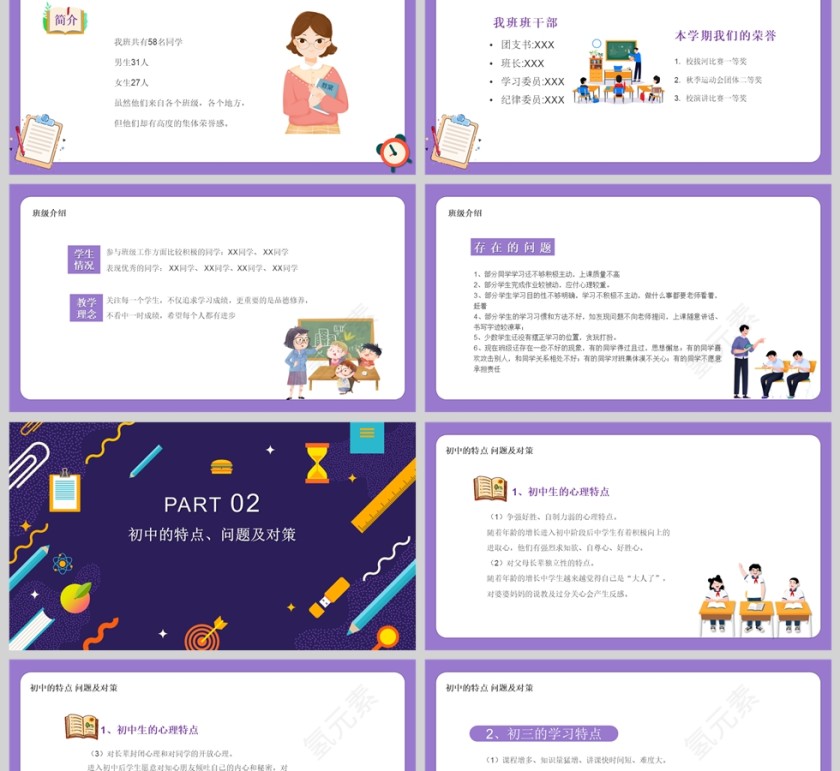 蓝紫色卡通初中期末家长会PPT模板第2张