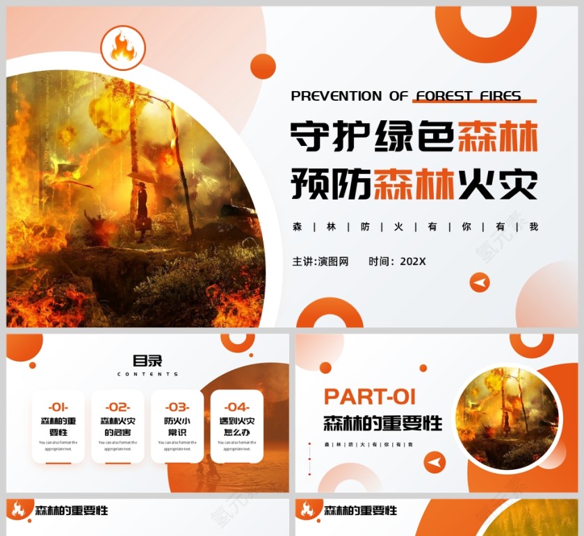 橙色简约风格森林防火知识PPT模板第1张