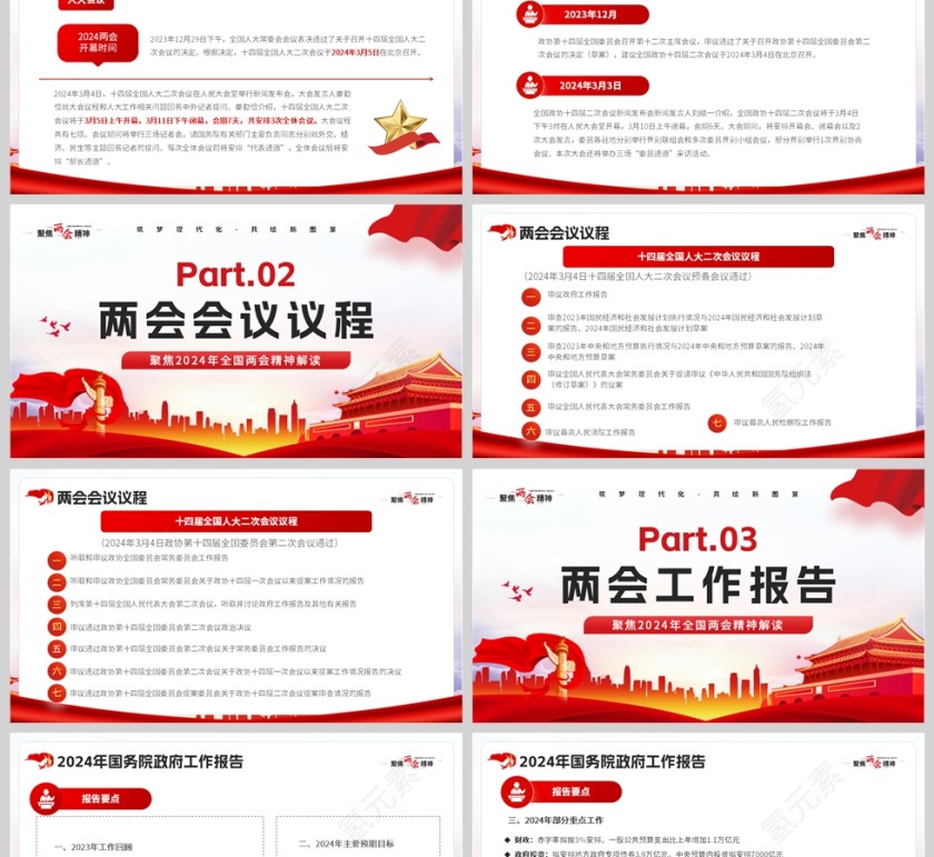 红色简约党政风格聚焦两会精神学习PPT模板第2张