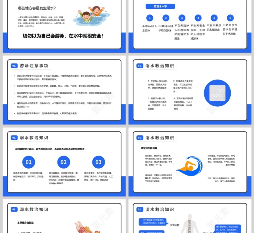蓝色卡通插画风格夏日安全防溺水知识PPT模板第2张
