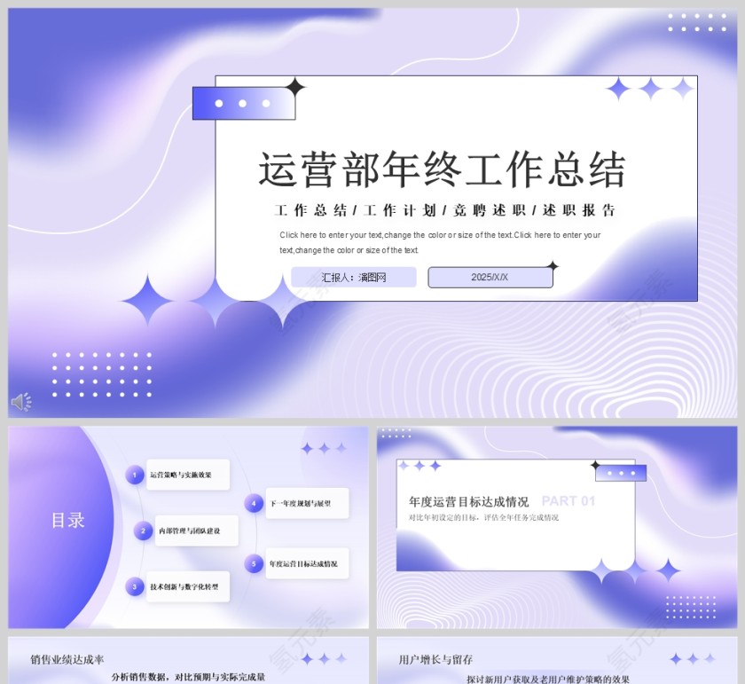 简约蓝紫色运营部年终工作总结PPT模板第1张